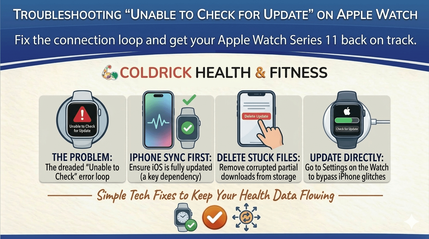 Infographic titled Troubleshooting "Unable to Check for Update" on Apple Watch. The graphic shows four steps: 1. Identifying the "Unable to Check" error loop; 2. Ensuring iPhone iOS is updated; 3. Deleting corrupted update files from iPhone storage; and 4. Updating directly from the Watch Settings. It features the Coldrick Health & Fitness logo and the tagline Simple Tech Fixes to Keep Your Health Data Flowing.