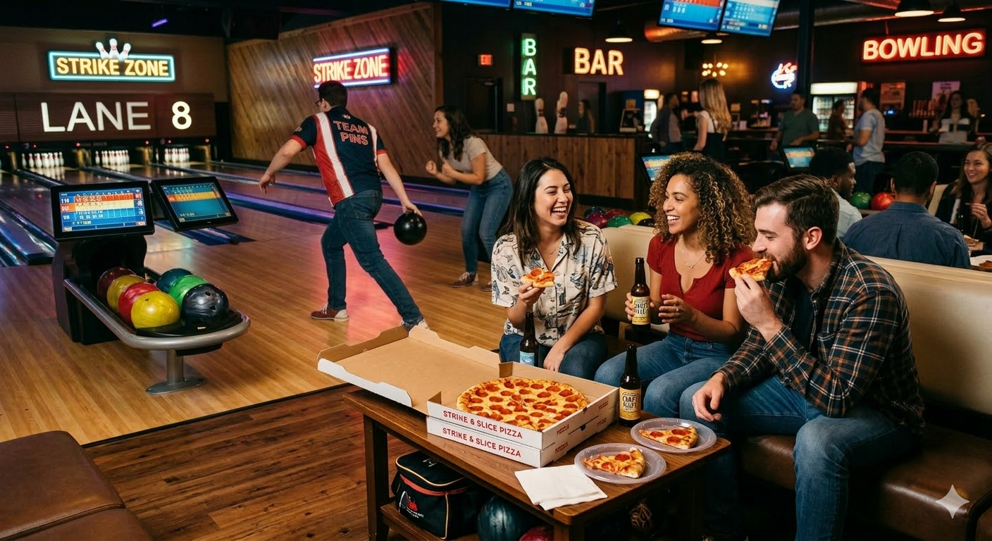 Evening bowling social with pizza boxes open on a table