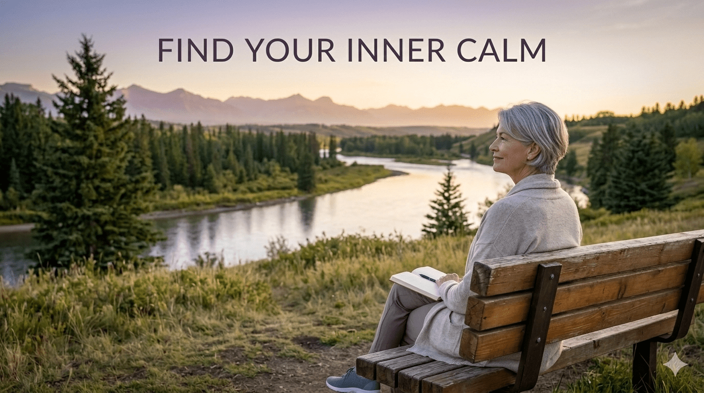 A lady in a very peaceful state sitting on a bench with a journal on her lap, looking over the Bow River in Fish Creek Park
