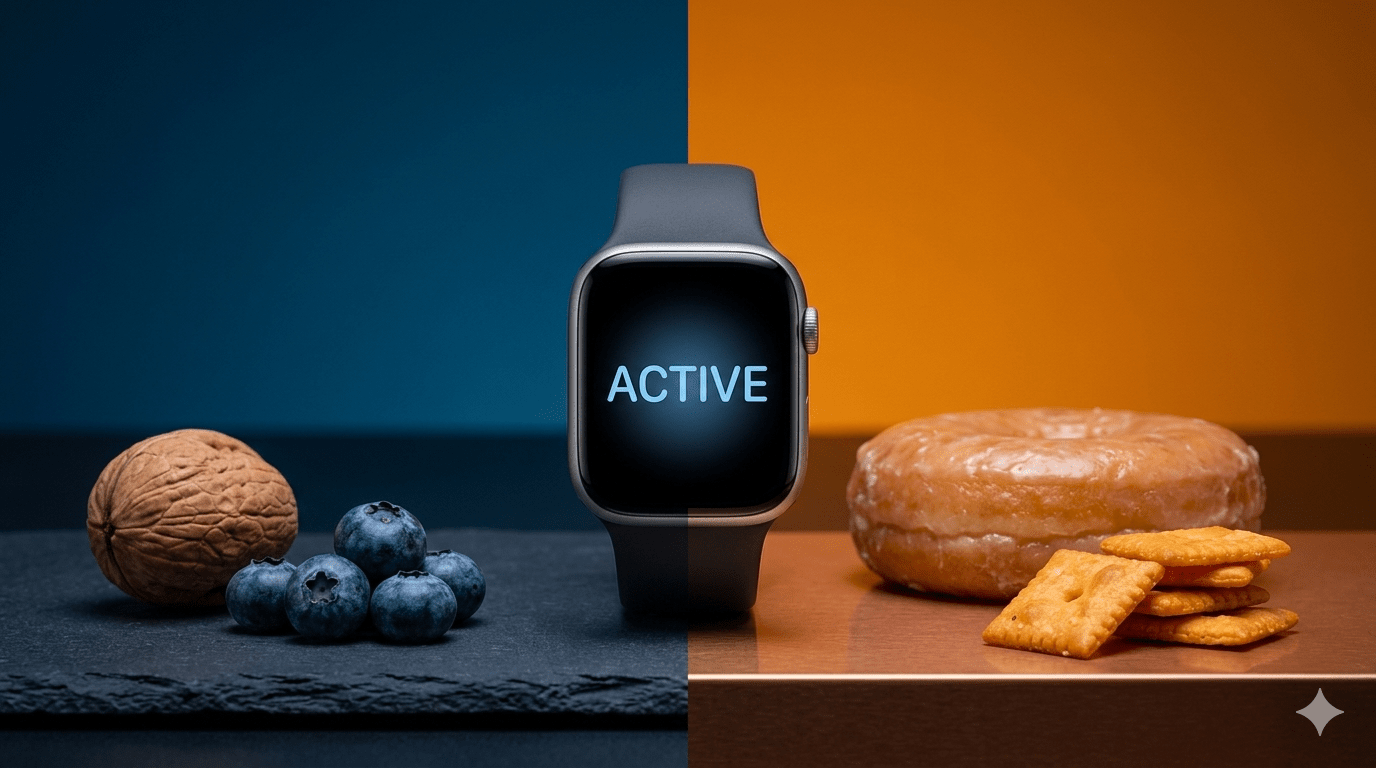 Intermittent fasting for sustainable weight loss and metabolic health for adults over 50 in Calgary, showing the choice between fat-burning Nightly Wins and insulin-spiking processed snacks.