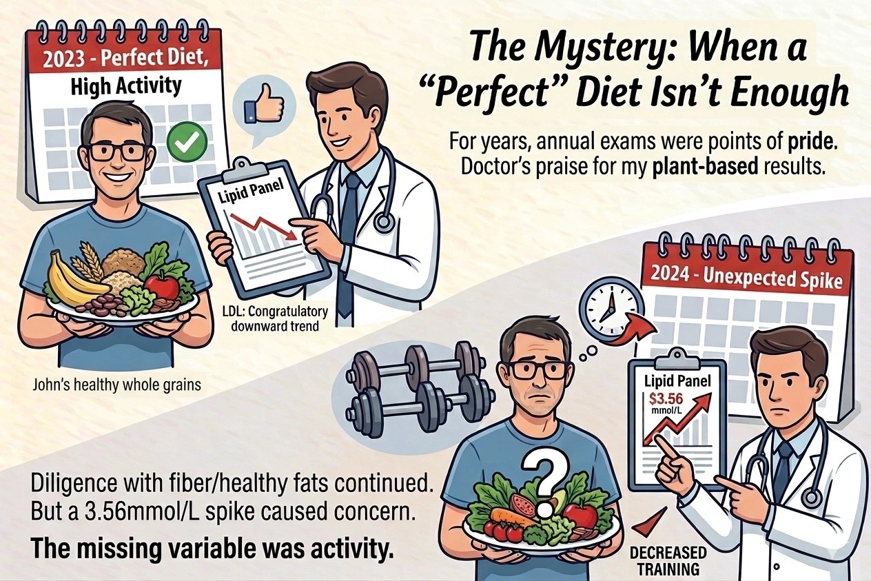 Infographic comparing two health scenarios. Left side: "2023 - Perfect Diet, High Activity," shows a man holding fresh produce, whole grains, and flax, while a doctor displays a downward-trending lipid panel with a green checkmark, titled "LDL: Congratulatory downward trend." Right side: "2024 - Unexpected Spike," shows the same man looking concerned over his produce and question mark overlay, while a serious doctor points to a lipid panel reading "$3.56\text{ mmol/L}$." Dumbbells and a clock with "DECREASED TRAINING" signify the missing variable. Main title: "The Mystery: When a 'Perfect' Diet Isn't Enough."