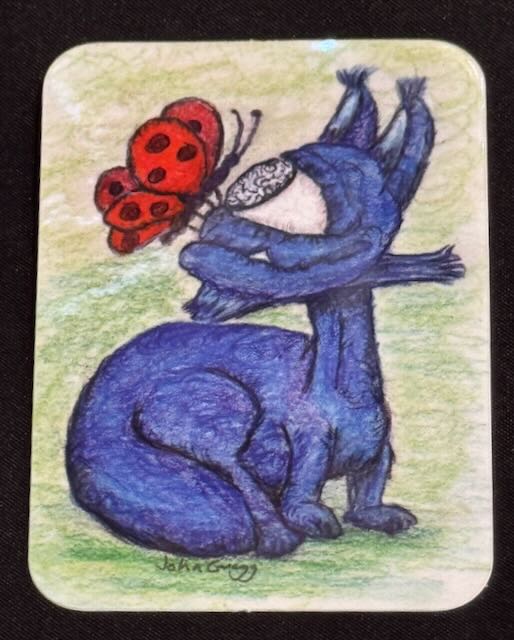 Blue Cycat with Butterfly is a new colored pencil drawing and is part of 'Cycat Colored Pencil Drawing Series'. Green Cycat is a cat like monster, having a conversation with a Red Butterfly with a quirky, thoughtful expression. CYC006Sticker #johngreggstudios #coloredpencil #art #cycat #drawing #sticker
