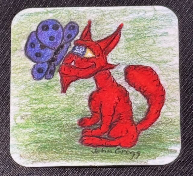 CYC016Sticker Red Cycat with Butterfly is a new colored pencil drawing and is part of 'Cycat Colored Pencil Drawing Series'. Green Cycat is a cat like monster, having a conversation with a Red Butterfly with a quirky, thoughtful expression. CYC030 #johngreggstudios #coloredpencil #art #cycat #drawing #sticker