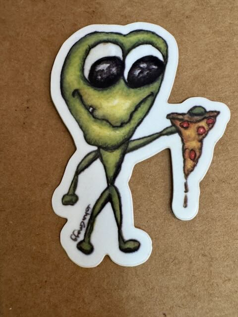 Green Coffee Bean with Pizza Sticker The Coffee Bean's quirky expression of having the Pizza fall apart. This is part of my 'Thinking of You' Series CB038Sticker #johngreggstudios #coffeebean #sticker