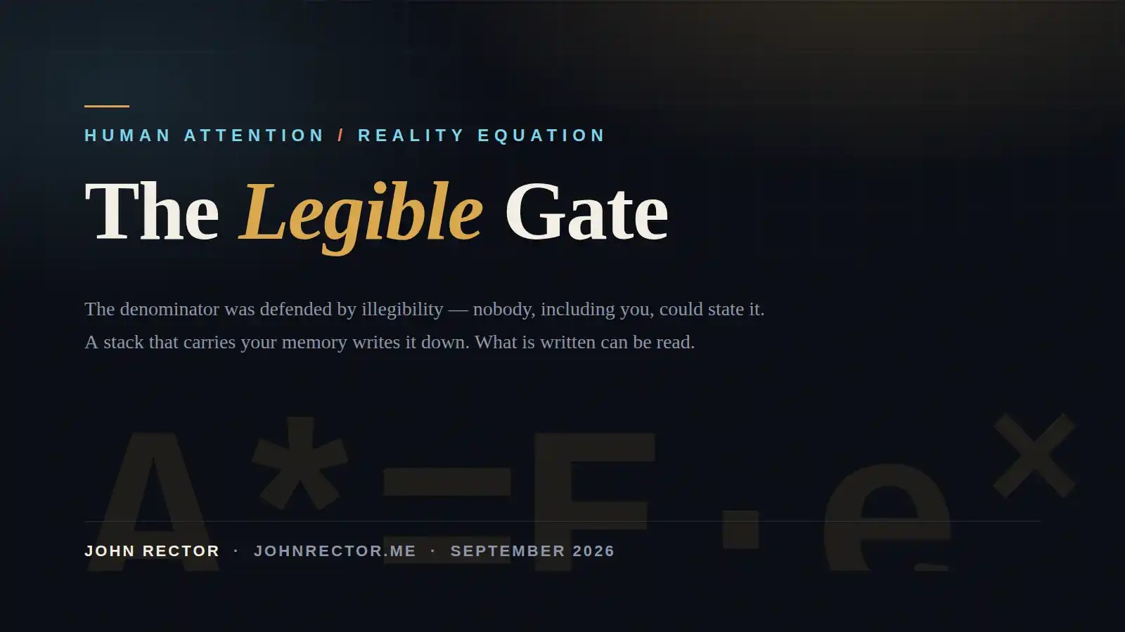 Dark ink-blue cover with brass and glass accents: kicker reading Human Attention / Reality Equation, the title The Legible Gate with Legible in italic brass, and a faint oversized formula A* = E times e to the s in the background.