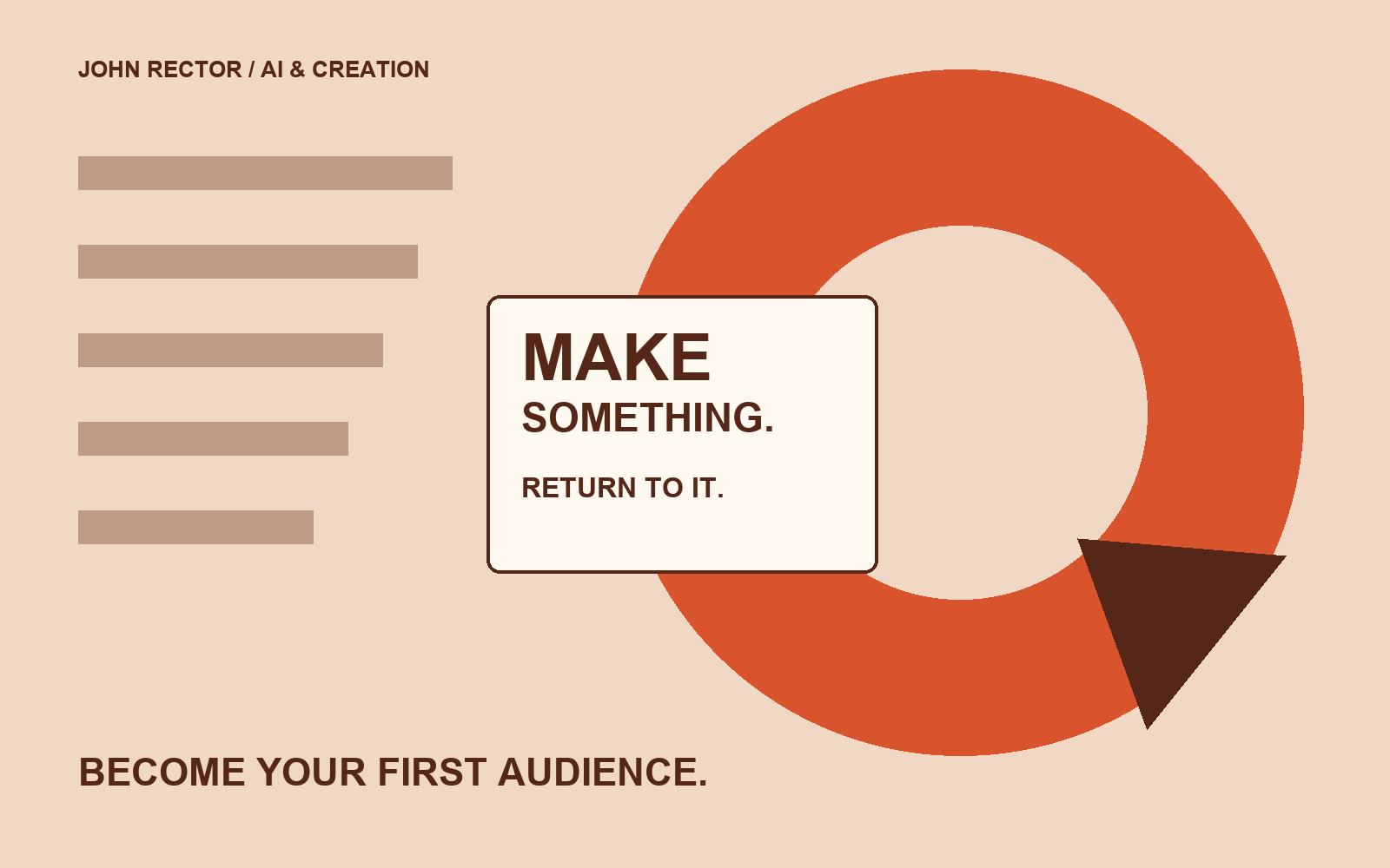 A stream of inputs becomes a created work inside a circular return path. Make something. Return to it.