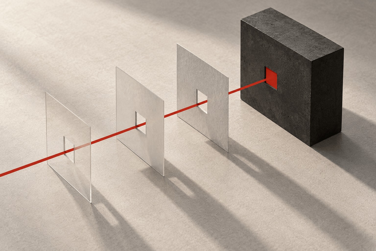 A vermilion line passes through three pale sheets into a solid charcoal block.
