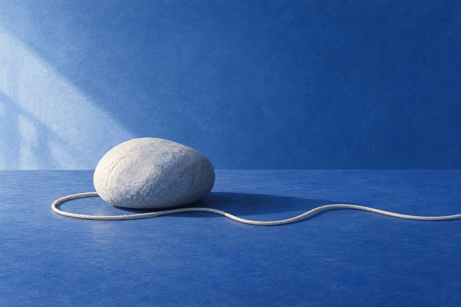 A pale stone rests on a blue surface beside a slack ivory cord.