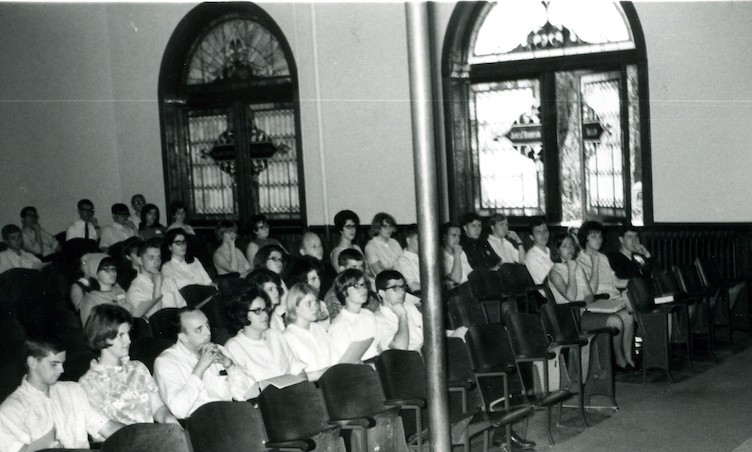 Students in chapel in Old Main