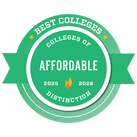 Graphic Badge detailing Best Colleges-2025-2026 Affordable Colleges of Distinction