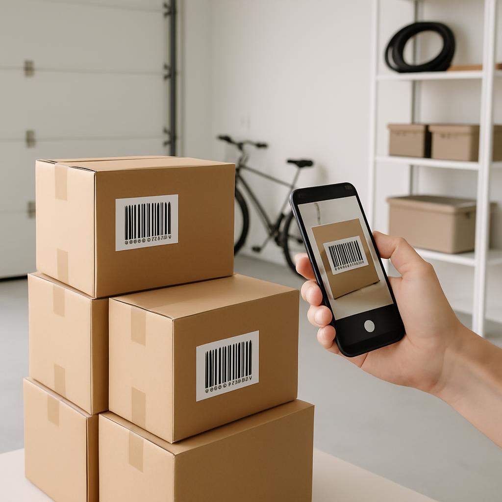 Person holding smartphone with partial view of shelf and bike while scanning barcodes on cardboard boxes.