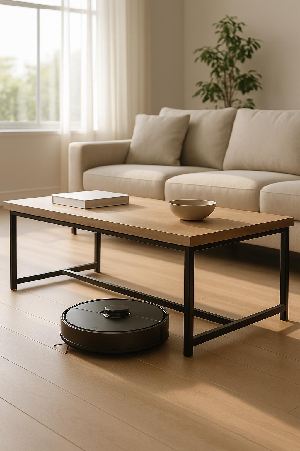 A living room with a beige couch, a coffee table and a plant in the background, and a robot vacuum cleaner in the foreground.