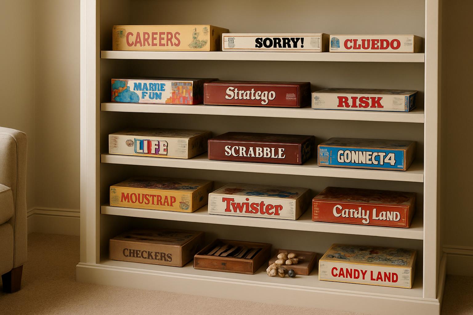 Several board games are arranged on a central shelving unit, displayed 'face out'. The board games include Twister, Candy ...