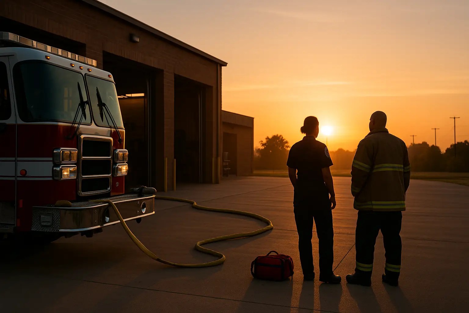Two firefighters stand outside a fire station at sunrise beside a parked engine and a deployed hose, silhouetted against the morning light.
