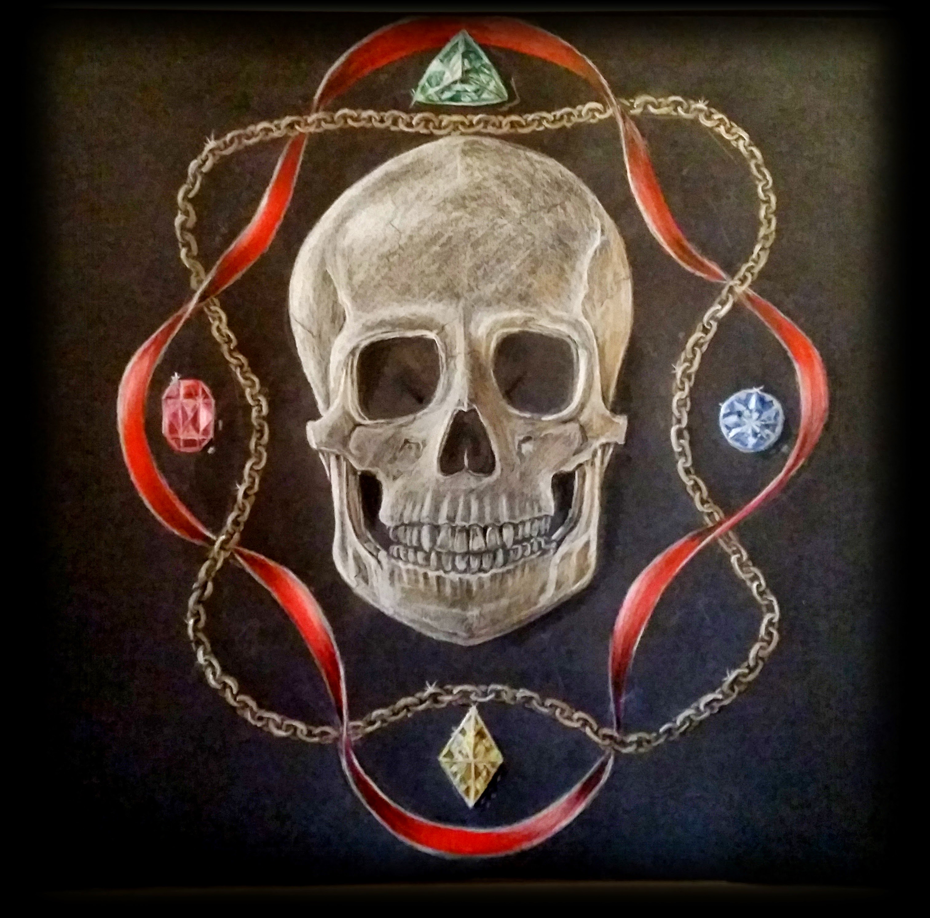 Coloured pencils. Mounted on red.