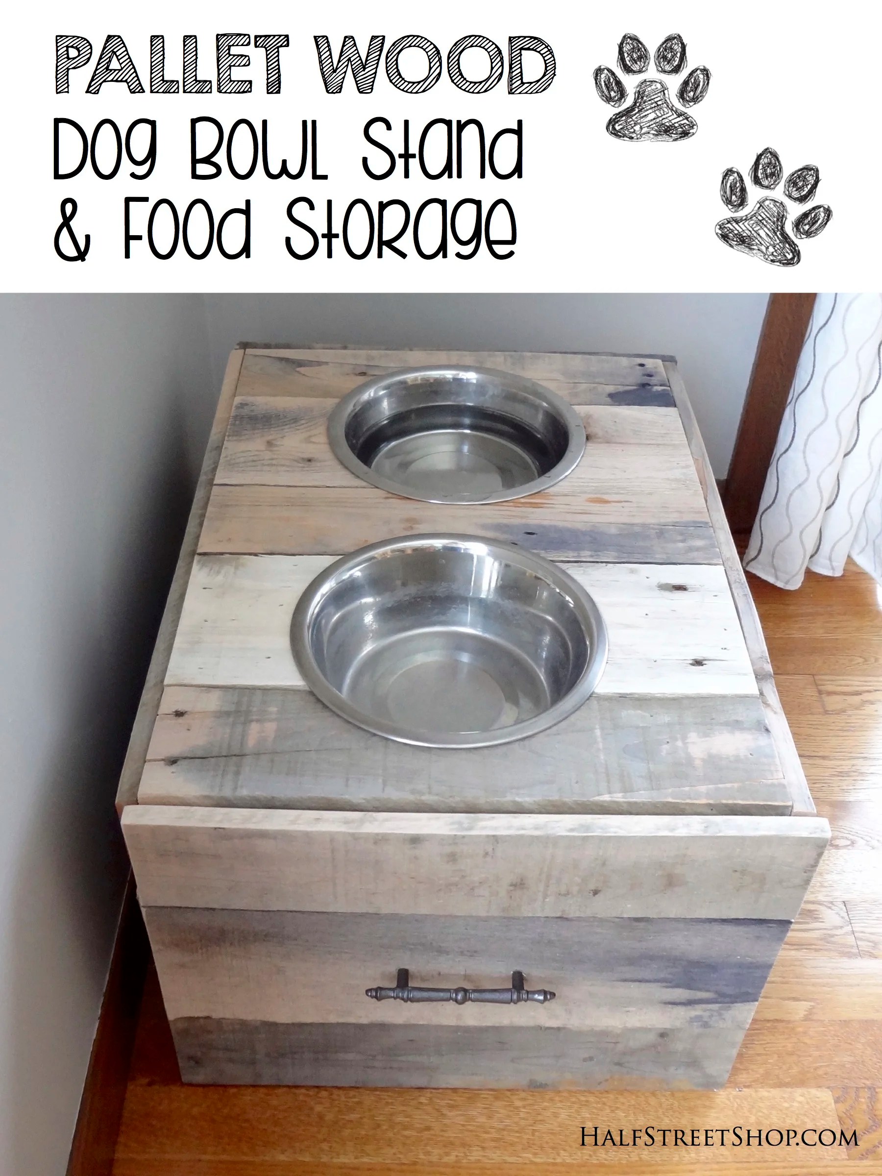Pallet Wood Dog Bowl Stand & Food Storage