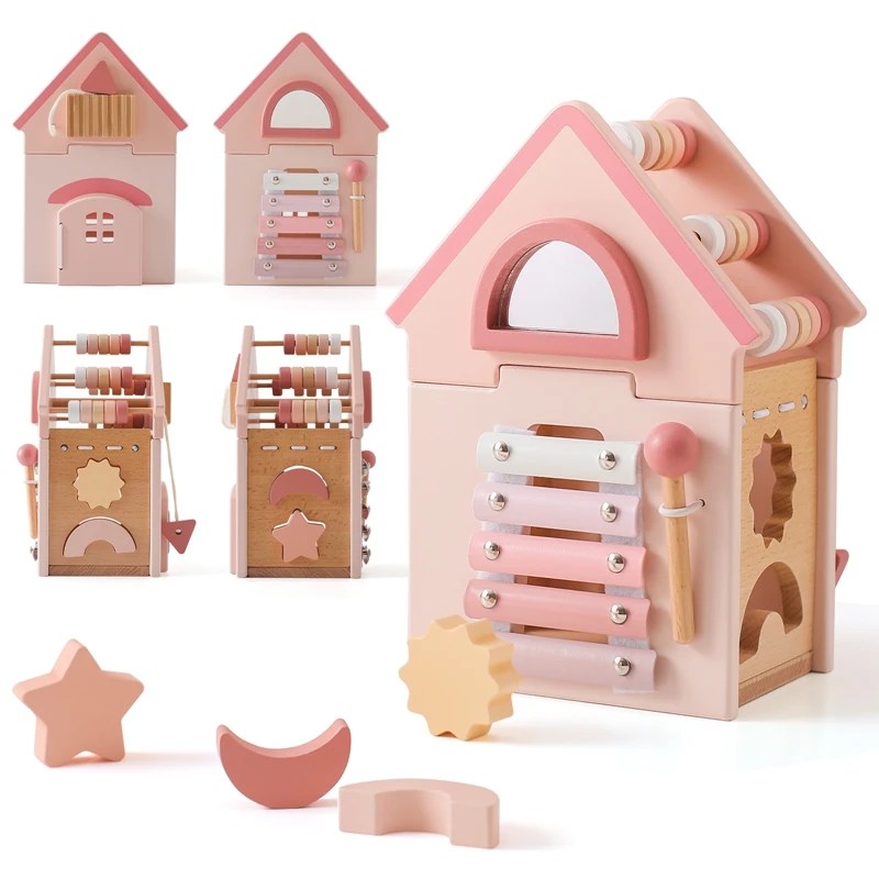 Baby Montessorri Toys Wooden Five-in-one Wooden Multifunctional Toys Activity Cube Silicone Geometric Blocks Educational Toys