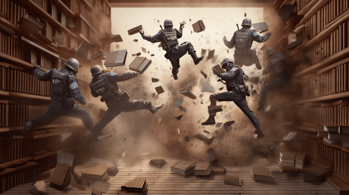 SWAT team and exploding knowledge - 2023, Midjourney