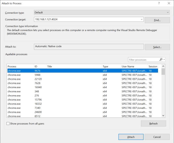 Attach to Process dialog
