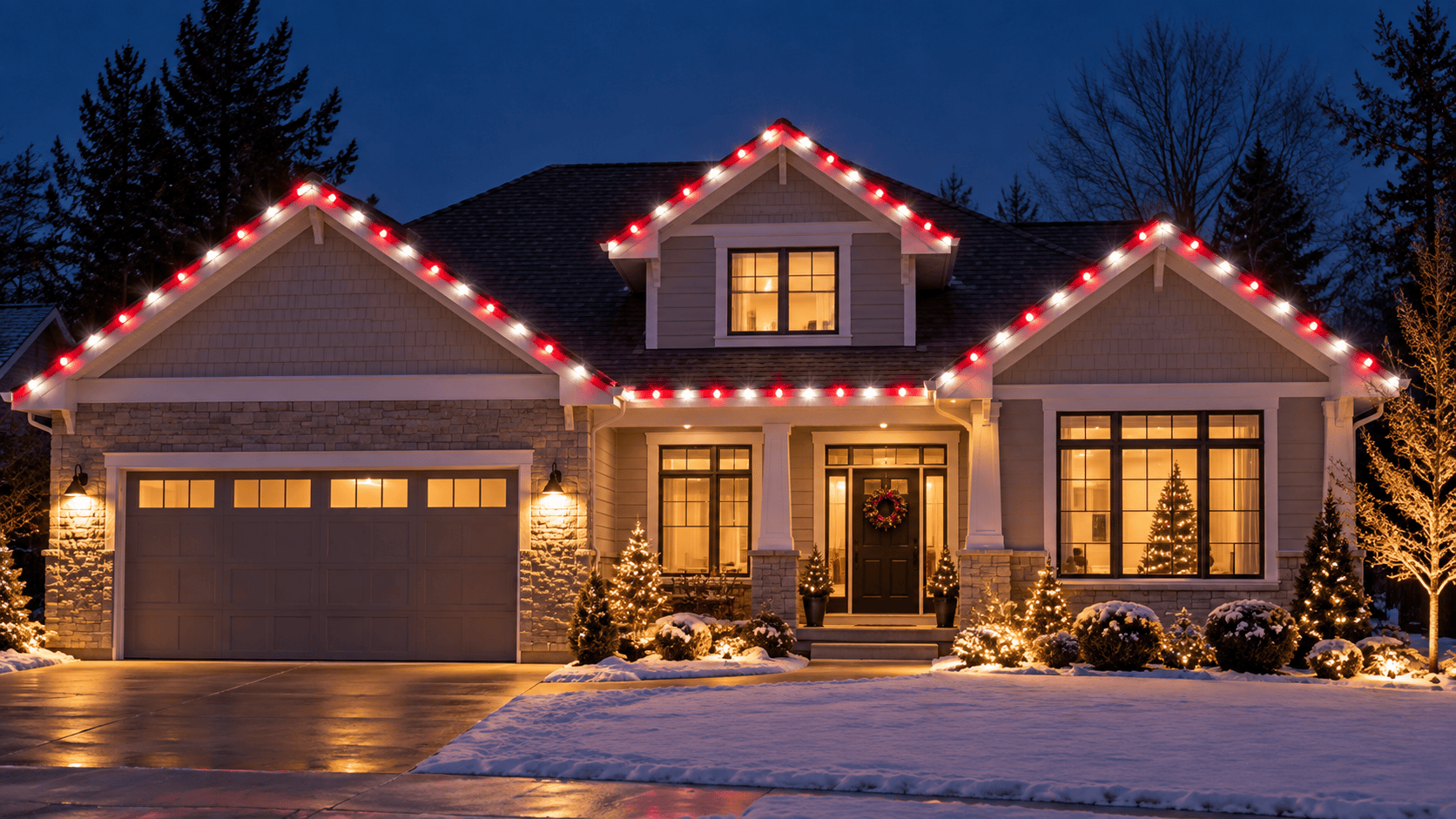 Red and white candy cane professional holiday lights installed along a home's roofline