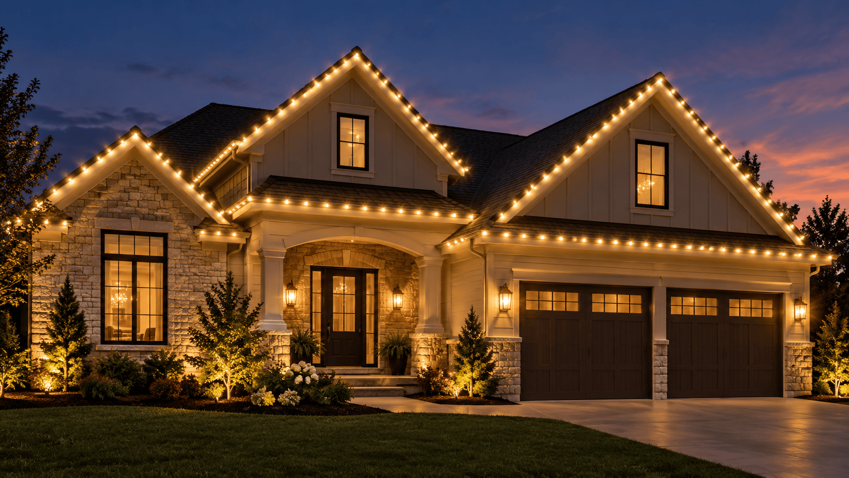 Classic warm white professional holiday lights installed along a home's roofline