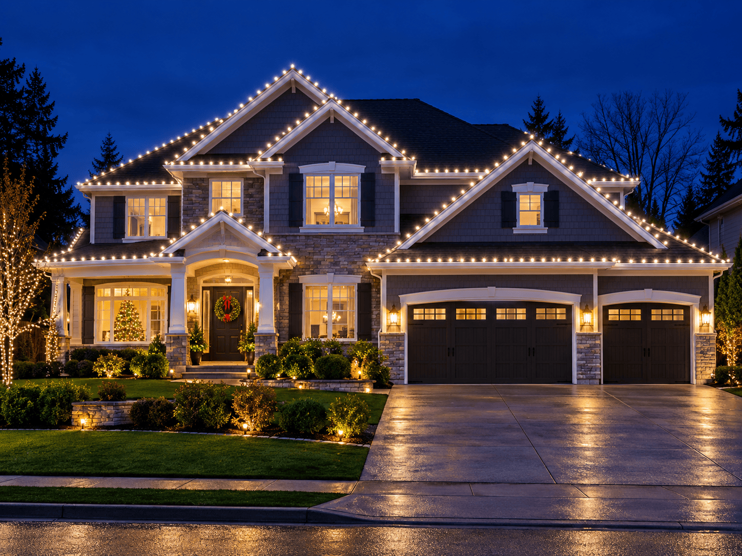 Professionally installed holiday lights on a home