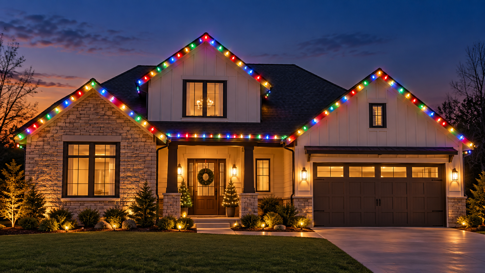 Professional multi-color holiday lights installed along a home's roofline