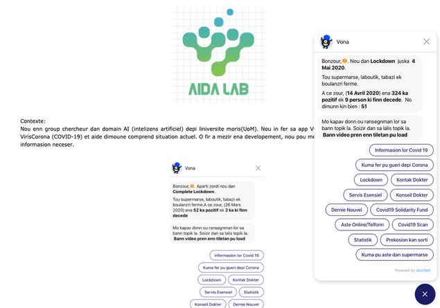 Aida Labs covid 19 chatbot was answering to user's questions regarding covid