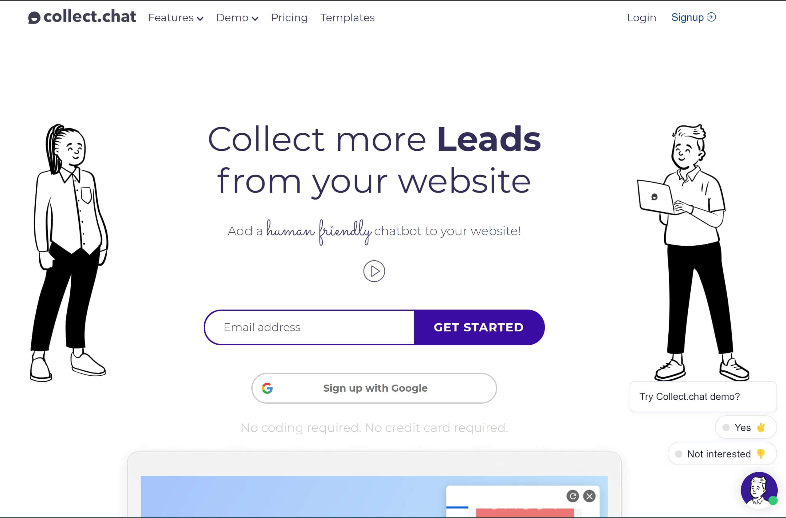 Page d'accueil de Collect.chat, plugin pour chatbot WordPress.