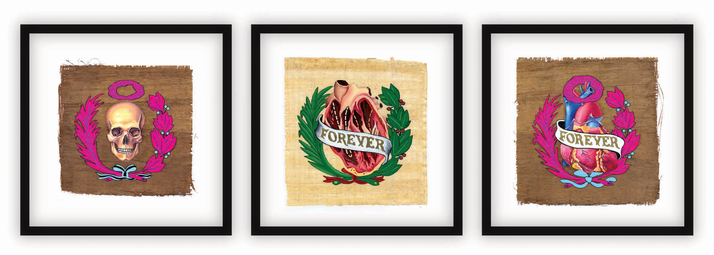 Hasta nunca y por siempre, Oleo sobre papiro 30cm x 30cm -cada uno- 2012.