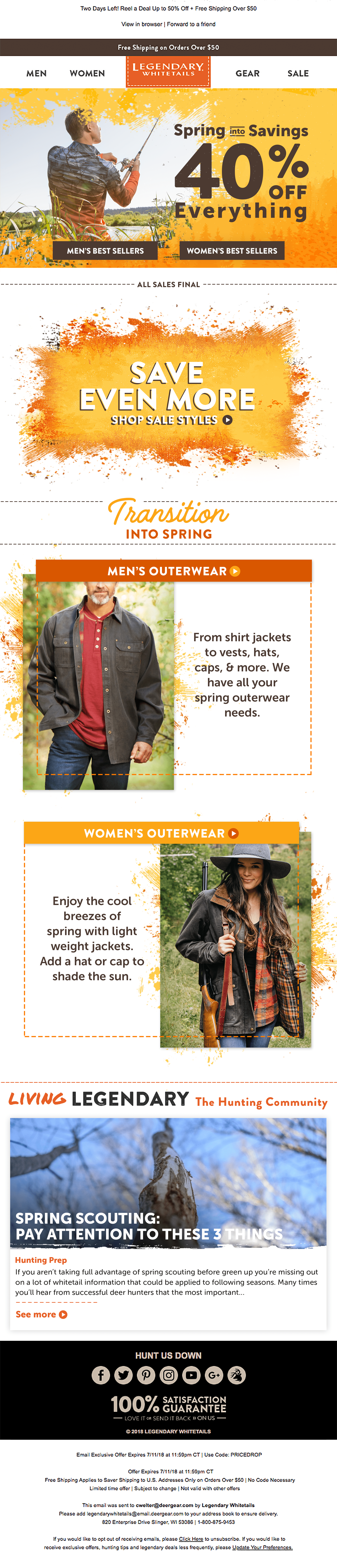 Email send graphics showing discounts on men's and women's clothing. Blog post on Spring Scouting is featured at the bottom. Colors are primarily bright yellow, red and orange. Lifestyle photos show fishing and camping in spring and summer environments.