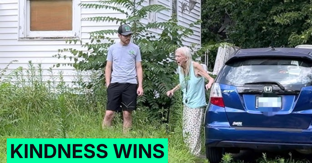 SB Mowing owner Spencer helping an elderly homeowner, illustrating how authentic acts of kindness can become powerful marketing through storytelling and community impact.