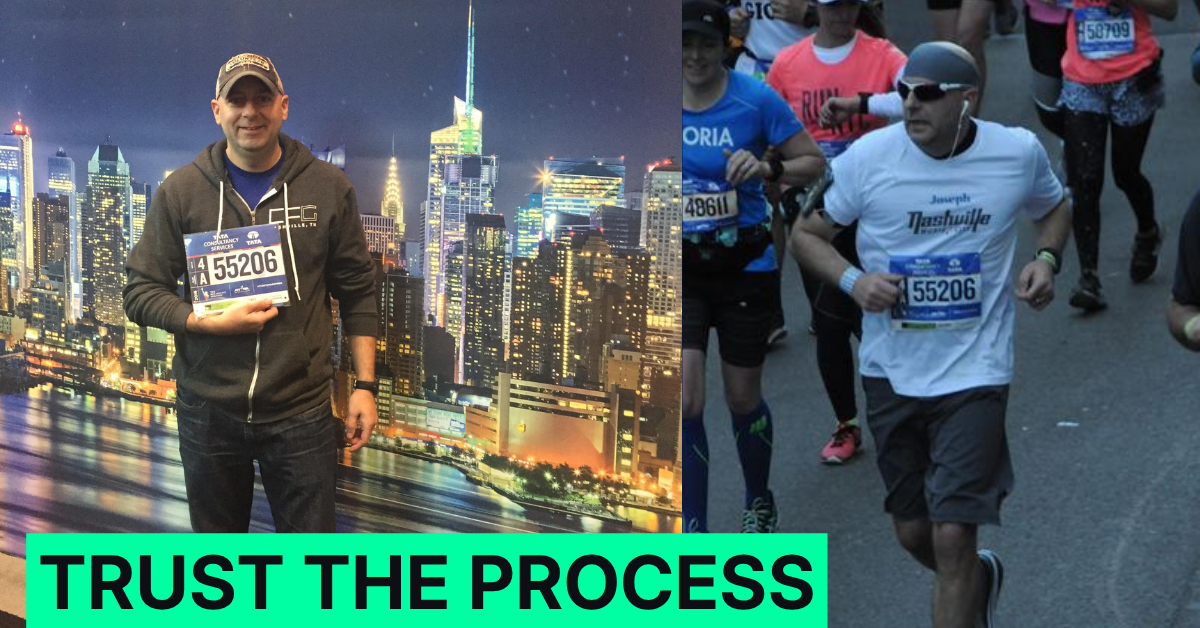 Joseph Saig running during a marathon, illustrating the discipline, consistency, and preparation required for long-term business growth and leadership.