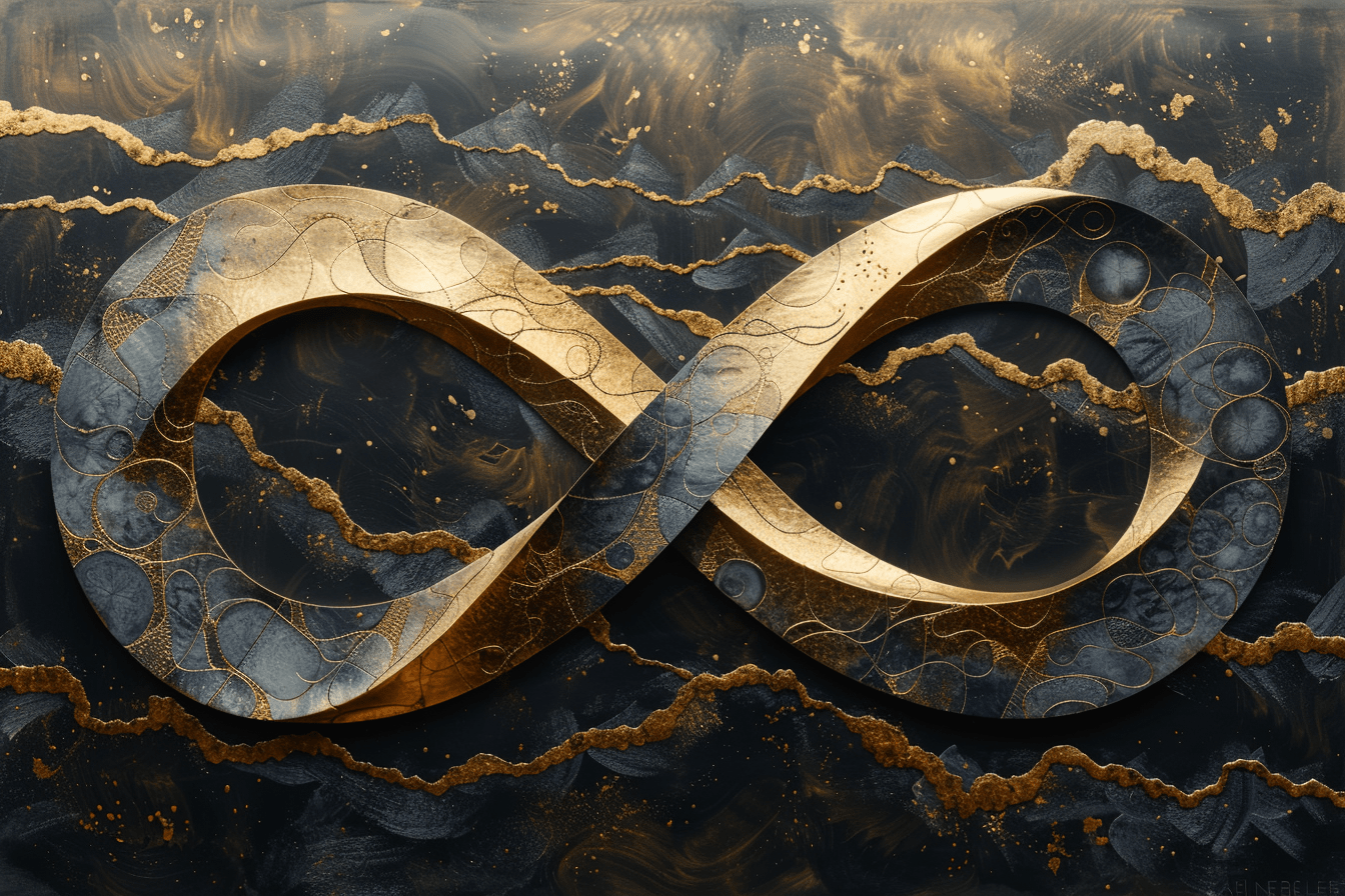 Gold and black abstract infinity symbol, representing the concept of "The Infinite Game" and its timeless impact.