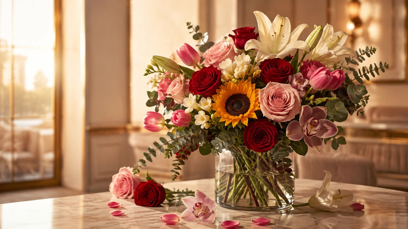 Mixed flower bouquet with roses, sunflower, lilies and tulips representing different flower meanings