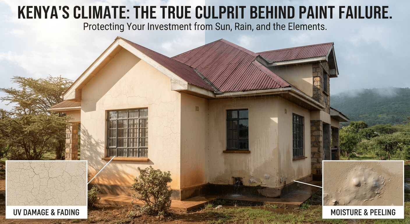 A split photo showing a Kenyan home affected by weathering, highlighting UV damage, fading, moisture, and peeling paint.