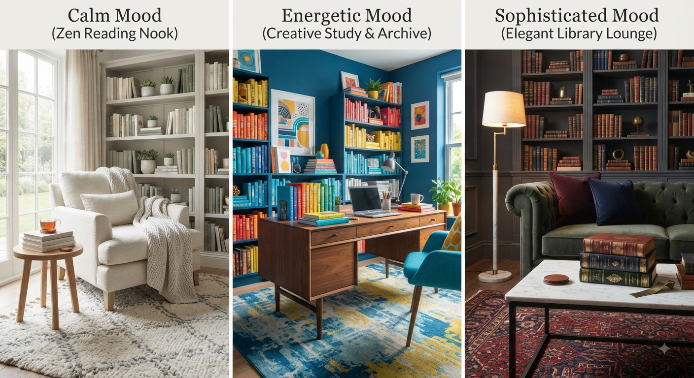 A triptych of three distinct interior design styles for a reading blog: a calm zen reading nook, an energetic creative study, and a sophisticated library lounge.