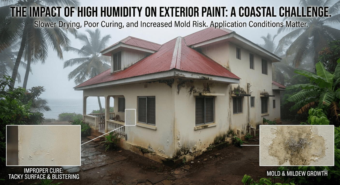 A coastal property exposed to high humidity, featuring inset images highlighting improper paint curing, blistering, and mold growth.