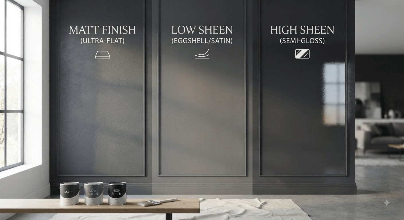 A split-panel image comparing three paint finishes on a charcoal wall: Matt (non-reflective), Low Sheen (subtle luster), and High Sheen (highly reflective), with paint cans and a brush in the foreground.