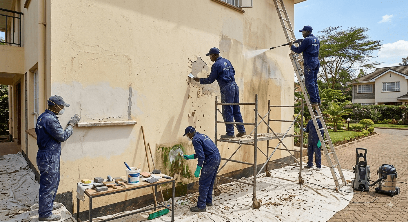 Professional painters in blue coveralls performing wall surface preparation including pressure washing, scraping loose paint, sanding, crack repair, and anti-fungal treatment on a house.