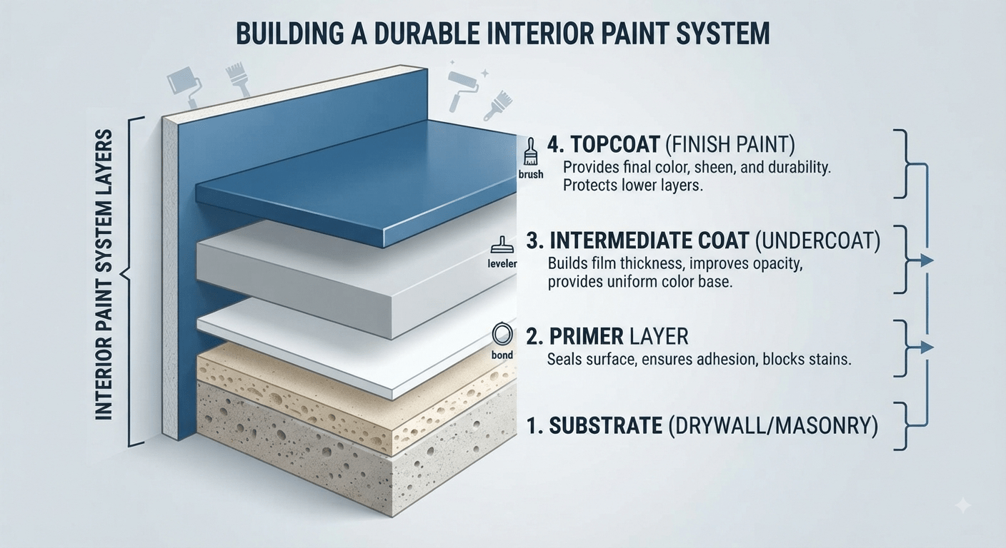 An illustrative diagram showing a cross-section of a painted wall, identifying four distinct layers: Substrate, Primer, Intermediate Coat, and Topcoat.