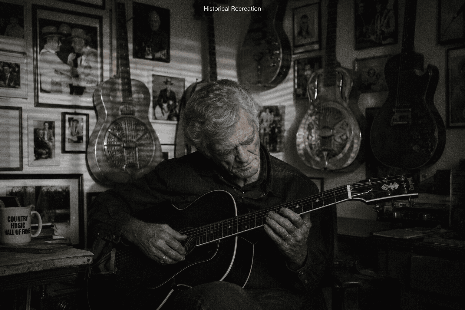 An older Jerry Reed playing guitar quietly in his home studio surrounded by memorabilia, historical recreation