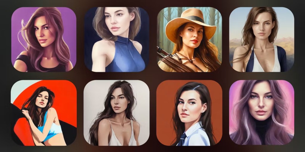 Eight stylized AI portraits of the same woman in different art styles and backgrounds, made by the Lensa app