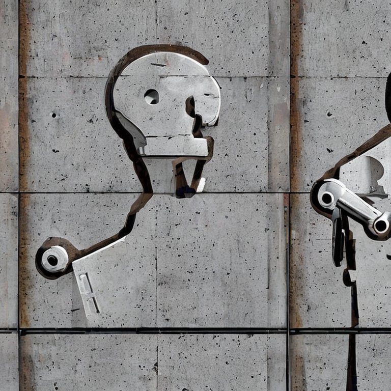 Stable Diffusion image for "Content creators suing AI companies": gray concrete wall with cut-out robot and human figures