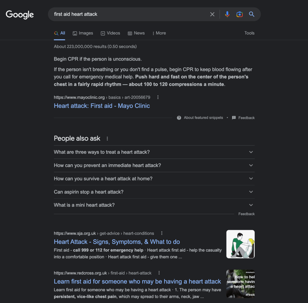 Google results for "first aid heart attack" with a featured snippet on CPR and a "People also ask" box