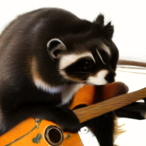 Blurry CogView image of a raccoon leaning over an orange guitar