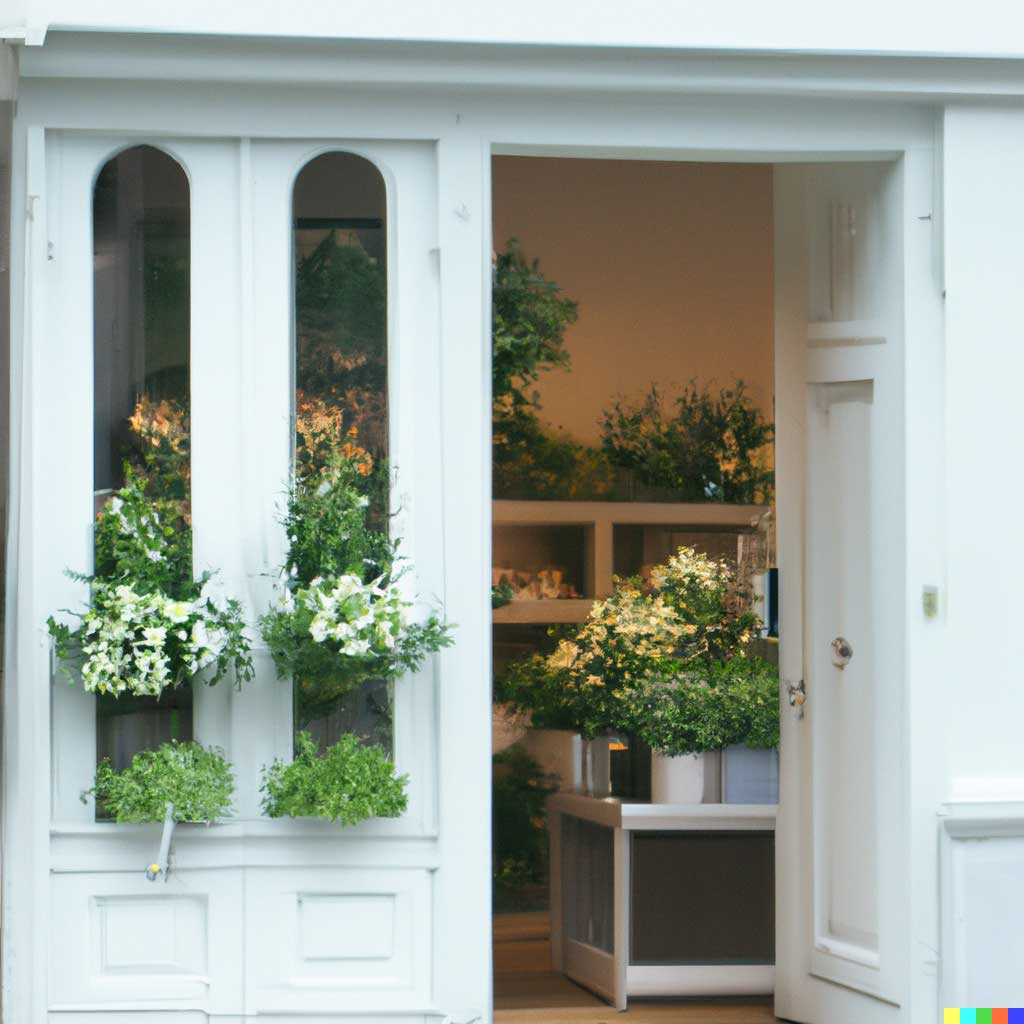 DALL-E 2 image of a white shopfront with an open door and flowering plants in the windows
