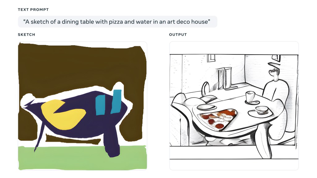 Make-a-Scene example: a rough color sketch beside the resulting pencil-style drawing of a dining table with pizza