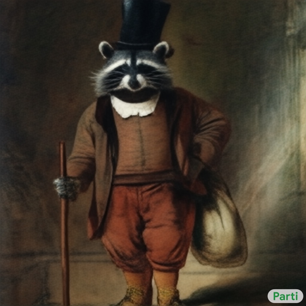 Parti oil painting of a raccoon in a top hat and formal clothes holding a cane and a garbage bag