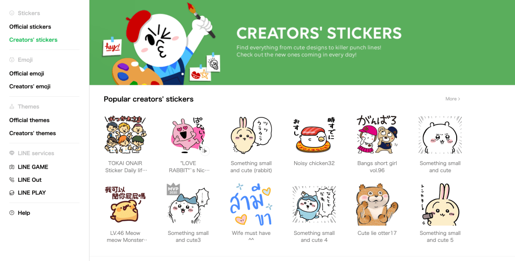 LINE Creators' Stickers page with popular creator sticker packs showing cartoon rabbits, bears, a sushi and a girl